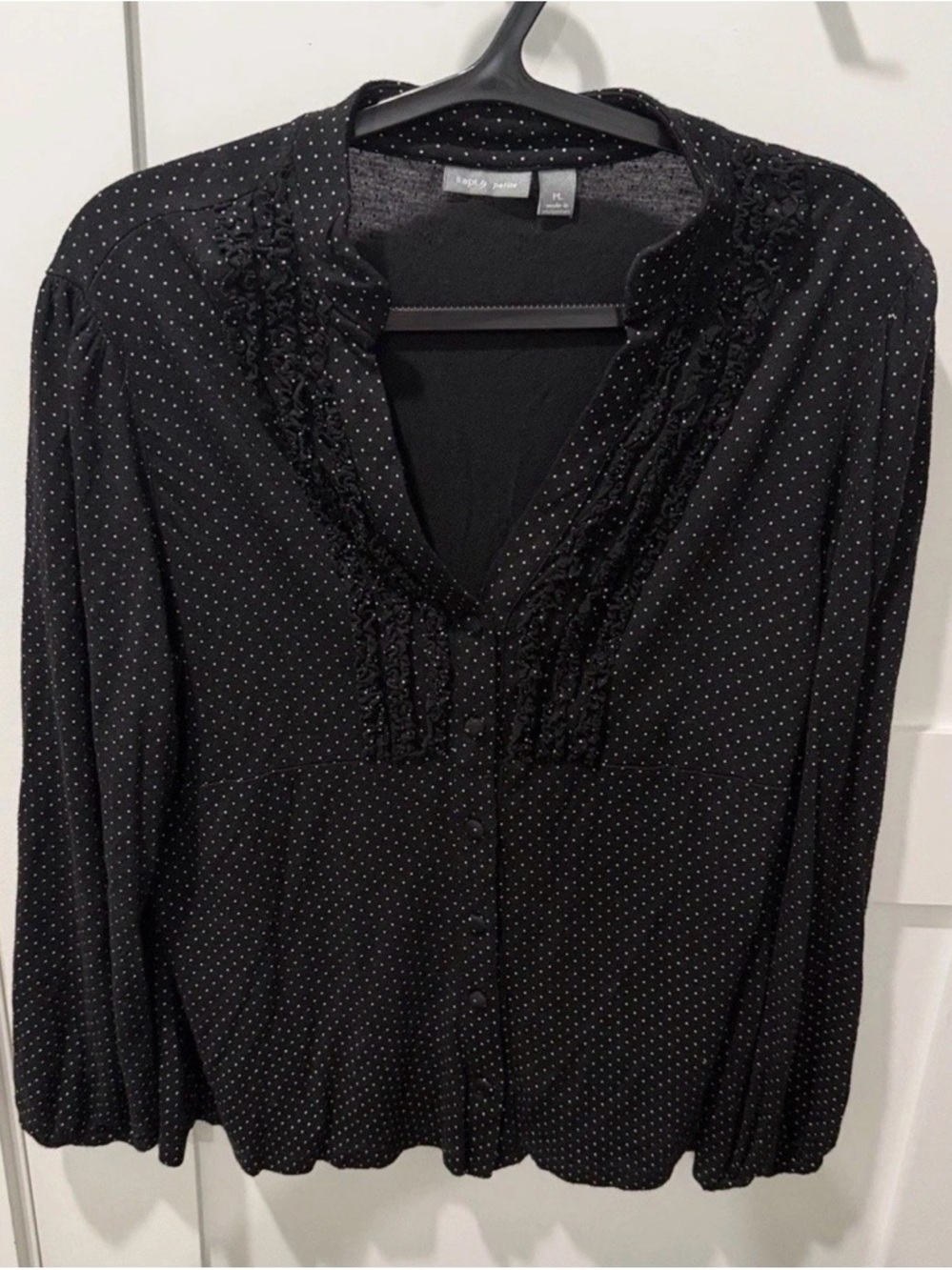 Black with White Microdot Ruffle V-Neck Blouse